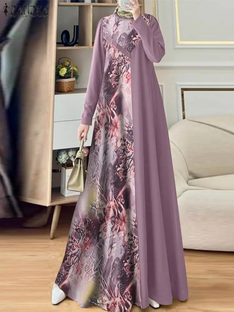 2024 ZANZEA kobiety jesień Vintage kwiatowy Print Maxi Vestido turcja Abaya hidżab sukienka muzułmańska artystyczna patchworkowa sukienka z długim