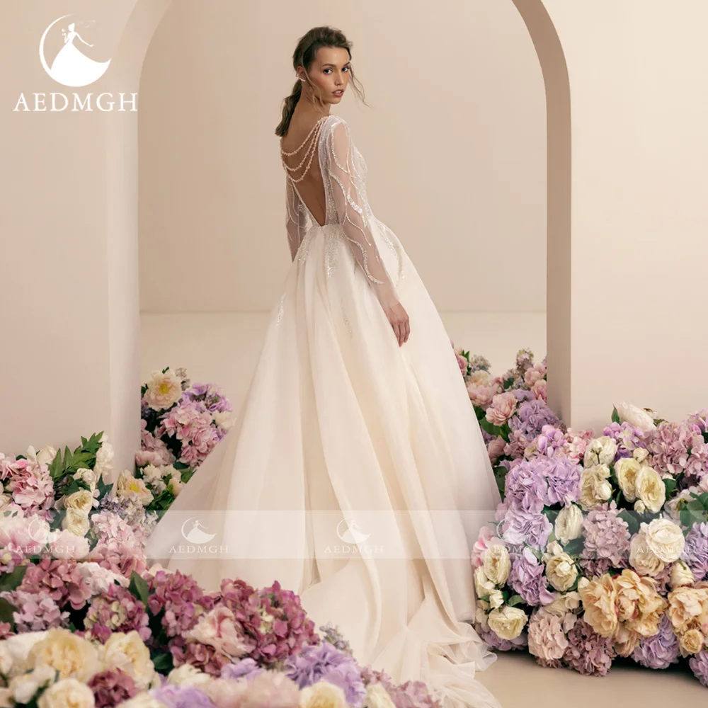 Aedmgh A-Linie romantische Brautkleider V-Ausschnitt Langarm Court Zug Vestido de Novia Spitze Pailletten Robe de Mariee