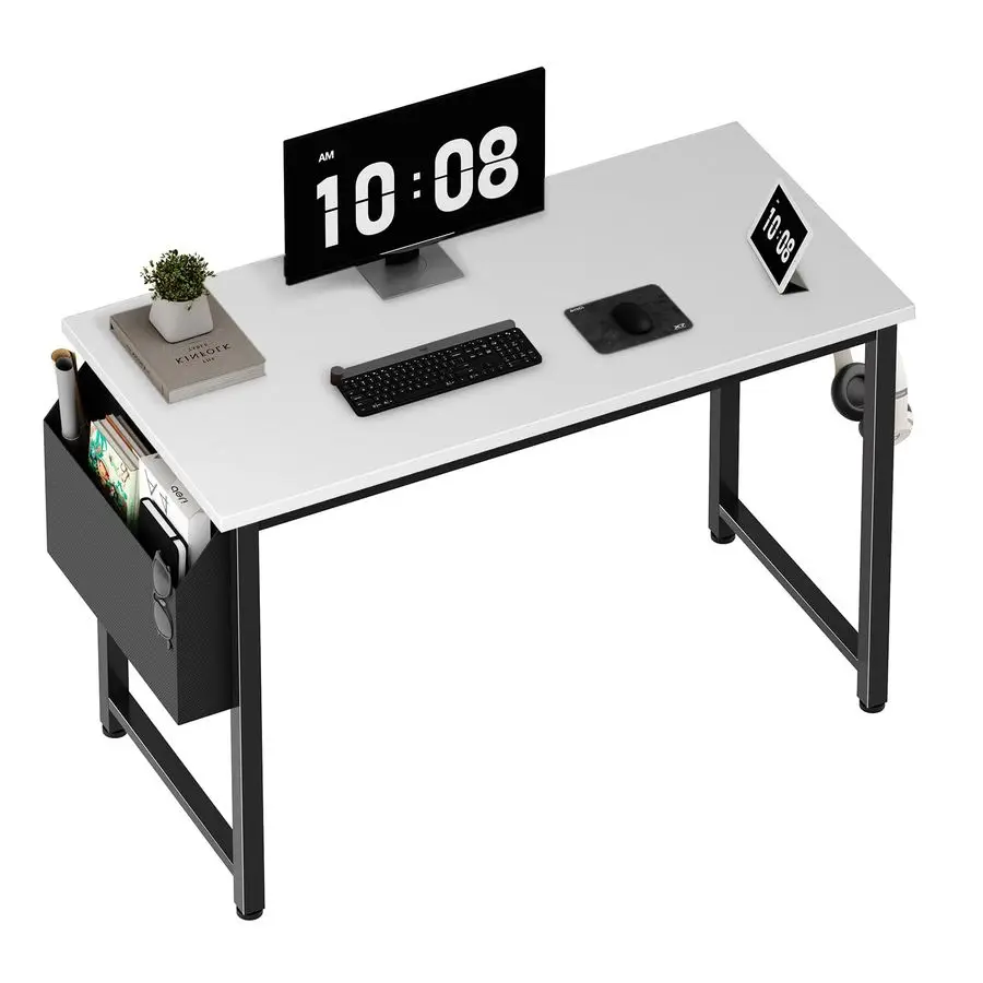 

Computer Desk White Writing Table for Small Spaces Home Office 39 Inch Modern Study PC Desk with Storage Bag Hook, White Black