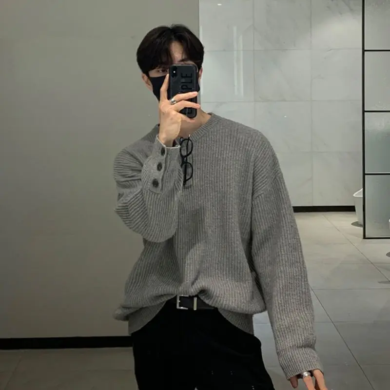 

Однотонный пуловер с круглым вырезом, свитер с длинными рукавами, вязаный мужской осенне-зимний повседневный свободный и универсальный вязаный свитер