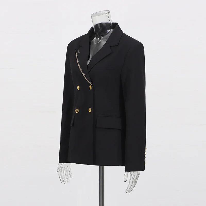 HKSH السترة للنساء جيوب مزدوجة الصدر بدوره إلى أسفل طوق سليم صالح أنيقة مزاجه المد مكتب سيدة نمط معاطف HK10750