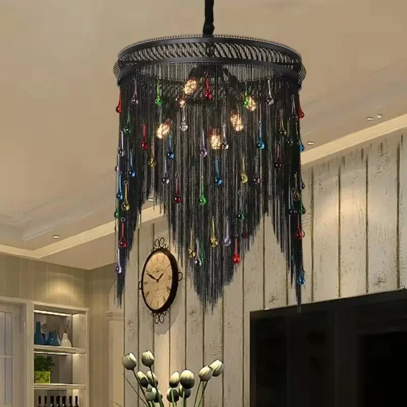 Modern living room LED pendant lights tassel lighting fixtures home decoration black chain vintage hotel ceiling pendant lights