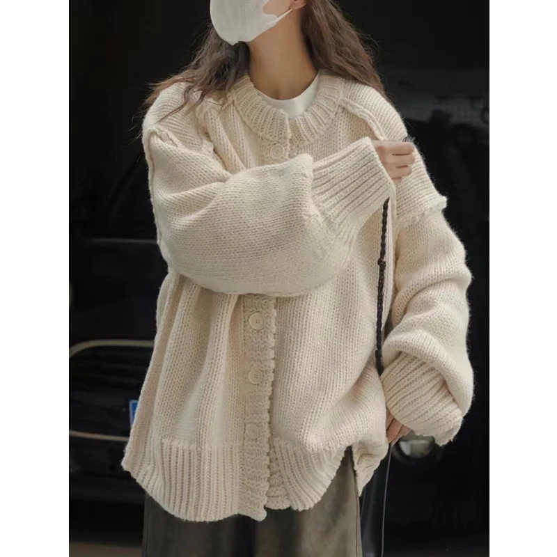 

Mid-Long Cardigans Kawaii Womens Autumn Tonal Chic Curve Lightweight Mesh Varsity Knitthing Distressing Off-Shoulder Unisex Boxy