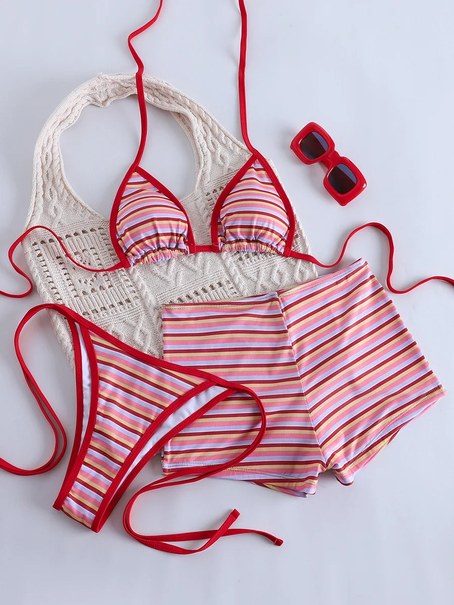 

3 Pieces Swimwear Striped Bikini Set with Mini Skirt Halter Swimsuit Women Micro Bikinis Swimming Suits Biquini Beachwear