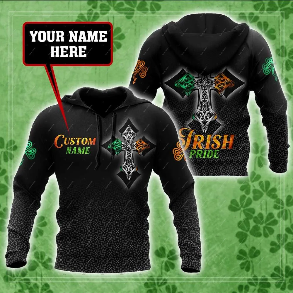Custom Name Irish Ireland Country Flag St.Patrick Tattoo Vintage Retro Unisex 3DPrint Harajuku Pullover Casual Jacket Hoodies 61