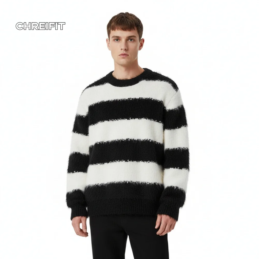 

CHREIFIT Men's Oversized Striped Knit Sweater 2024 Winter Fashion Warm Fuzzy Crewneck Pullover Top Casual O-neck Sweaters Men