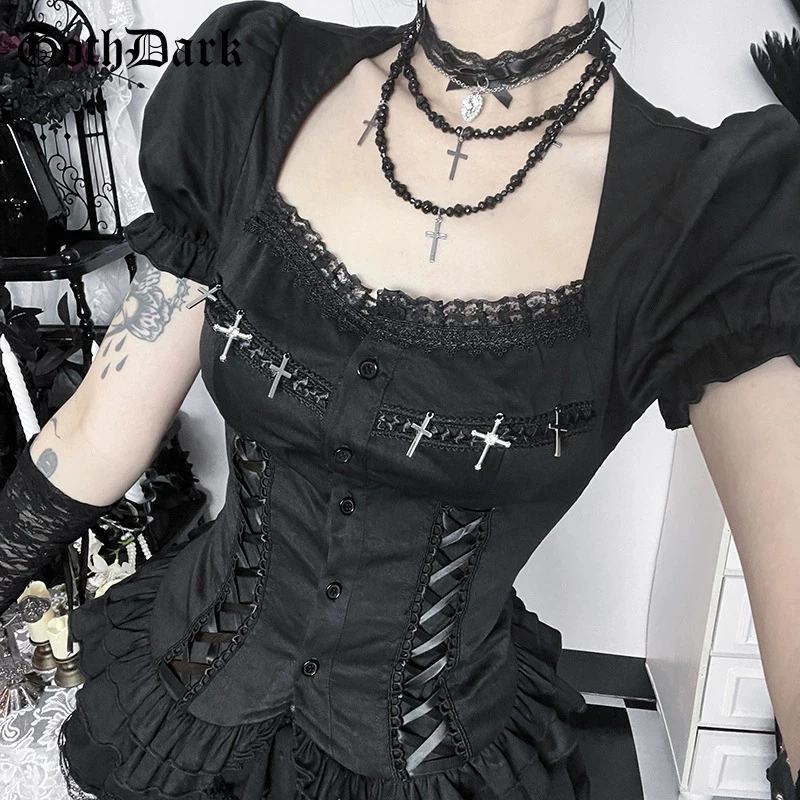 

Goth Dark Kawaii Lace Patchwork Short Sleeve Shirt Blouses Women Mall Gothic Button Slim Shirts Cross Y2K Tops Alt Teachwear Y2K