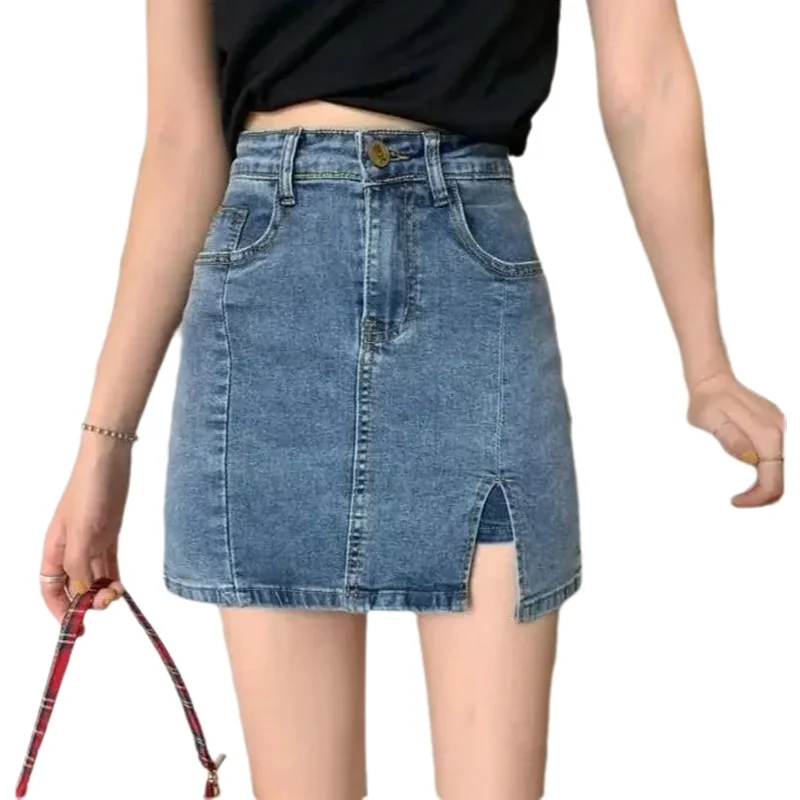 2024 Spring Summer New High-Waisted Slimming Denim Skirt Anti-Exposure Elastic A-Line Side Slit Bodycon Skirt