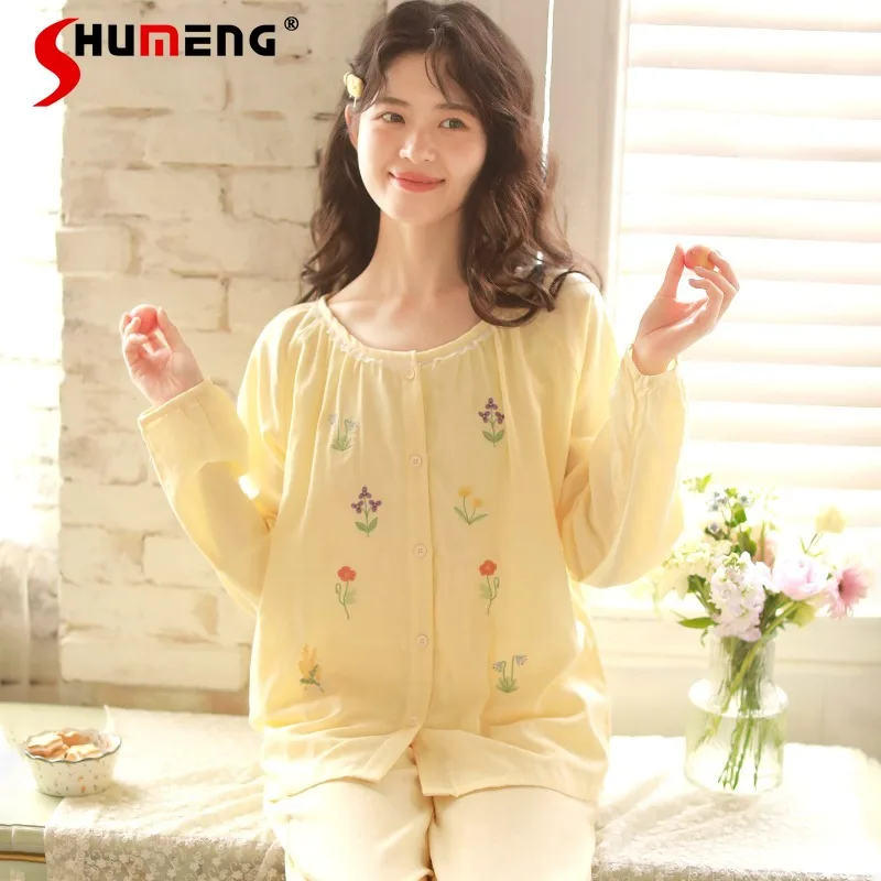 

Весенне-осенние милые пижамы для женщин, марлевая одежда из чистого хлопка с длинными рукавами и кондиционером, женский комплект домашней одежды