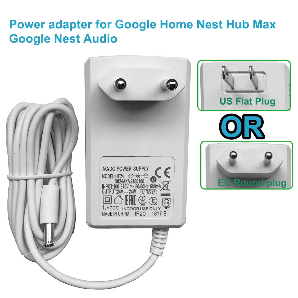 Fonte de alimentação 24V compatível com Google Home Nest Hub Max, carregador Google Nest Audio, cabo de alimentação para Google Nest Hub Max Nest Audio