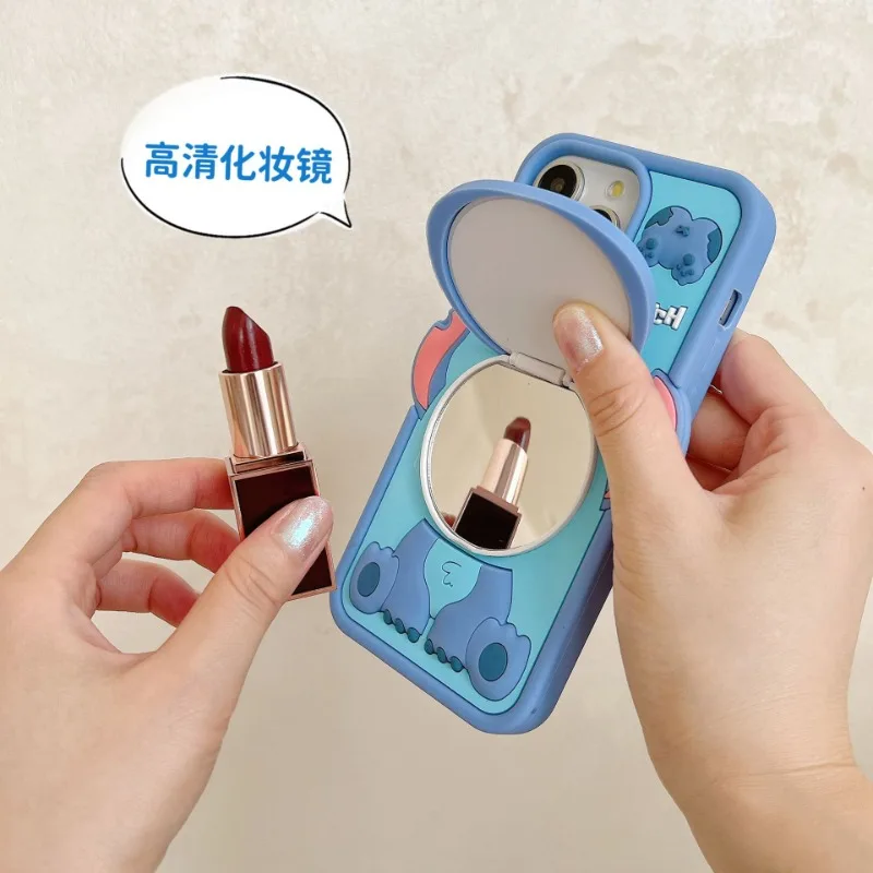 Disney Stitch with Mirror Silicone Cover for IPhone 16 15 14 Pro Max Case Kawaii 3D Cartoon with Makeup Mirror Stand Holder Gift