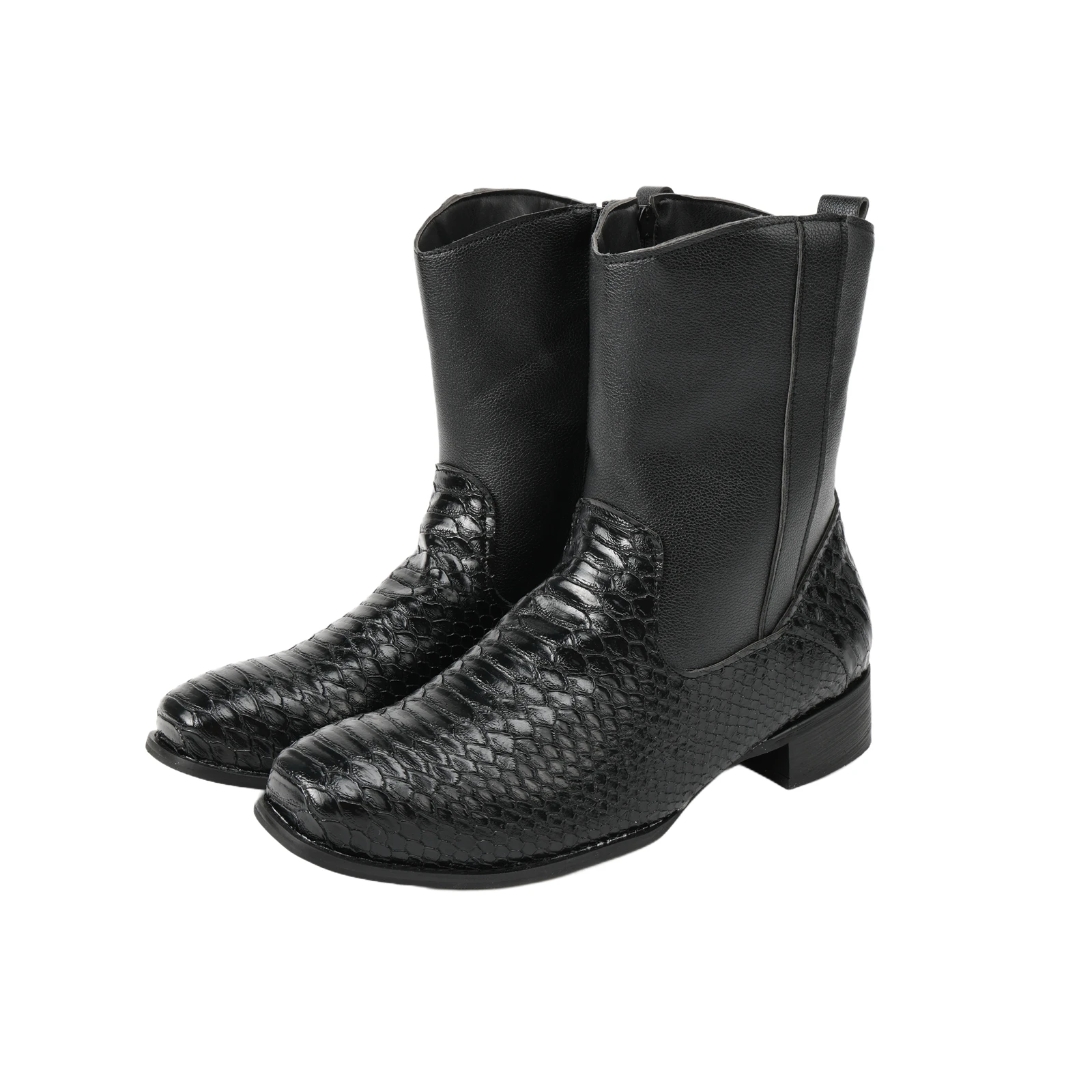 

Men's Snakeskin Pattern Ankle Boots Back Zipper Square Toe Low Heel Western Cowboy Fashion Short Boots Black PU Leather