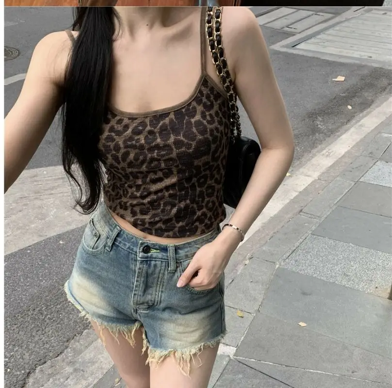 

Y2K Summer American Hot Girl Style Retro Leopard Print Camisole Slim Ultra Short Umbilical Corset Spaghetti Straps Tank Tops