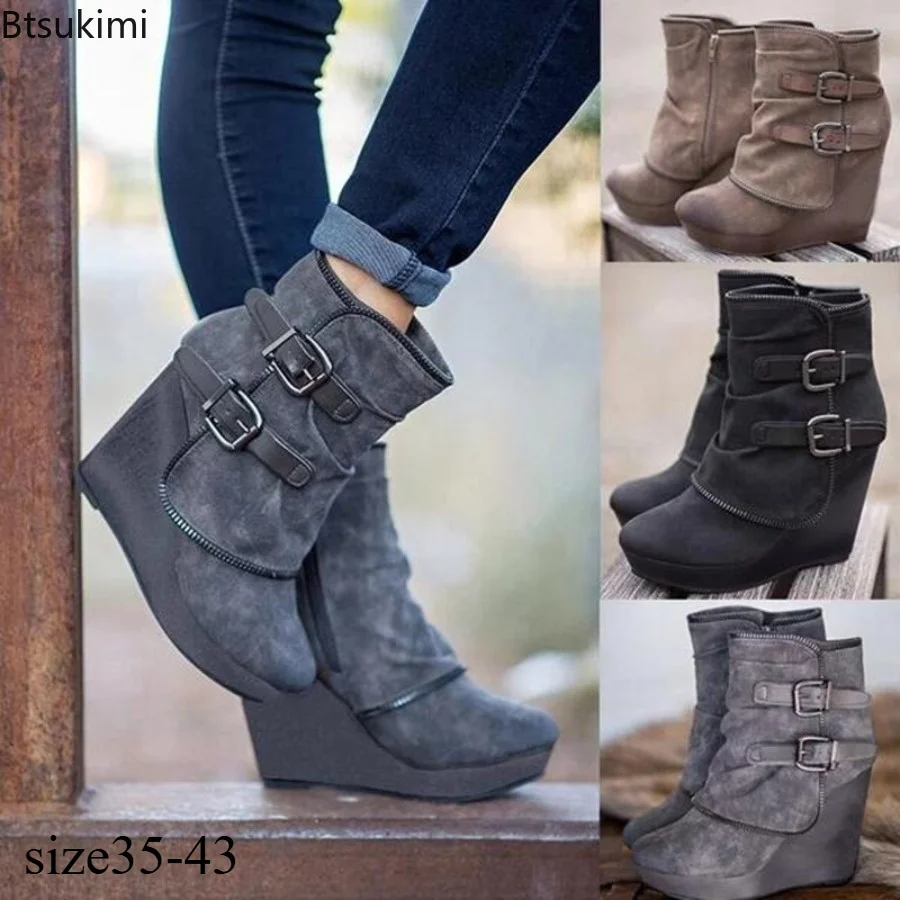 Nouvelles Bottes Chunky pour Femme à Talons Hauts Zippées en Daim, Talons Compensés Tendance, Bottines Rétro Durables à Bout Rond pour Femme