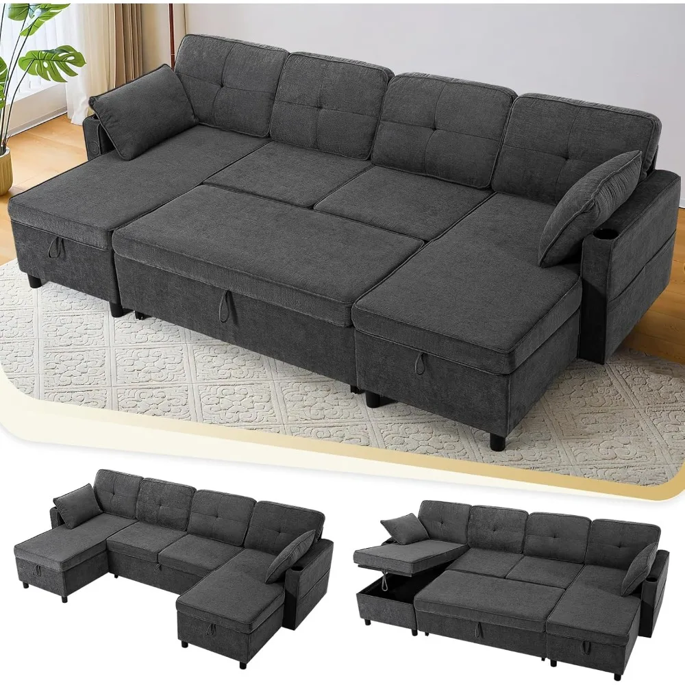 108 Inches Chenille Sectional Sofa w/Adjustable Back & Pull Out Sofa Bed, Tufted U Shaped Couch w/Two Storage Chaises, Sleeper