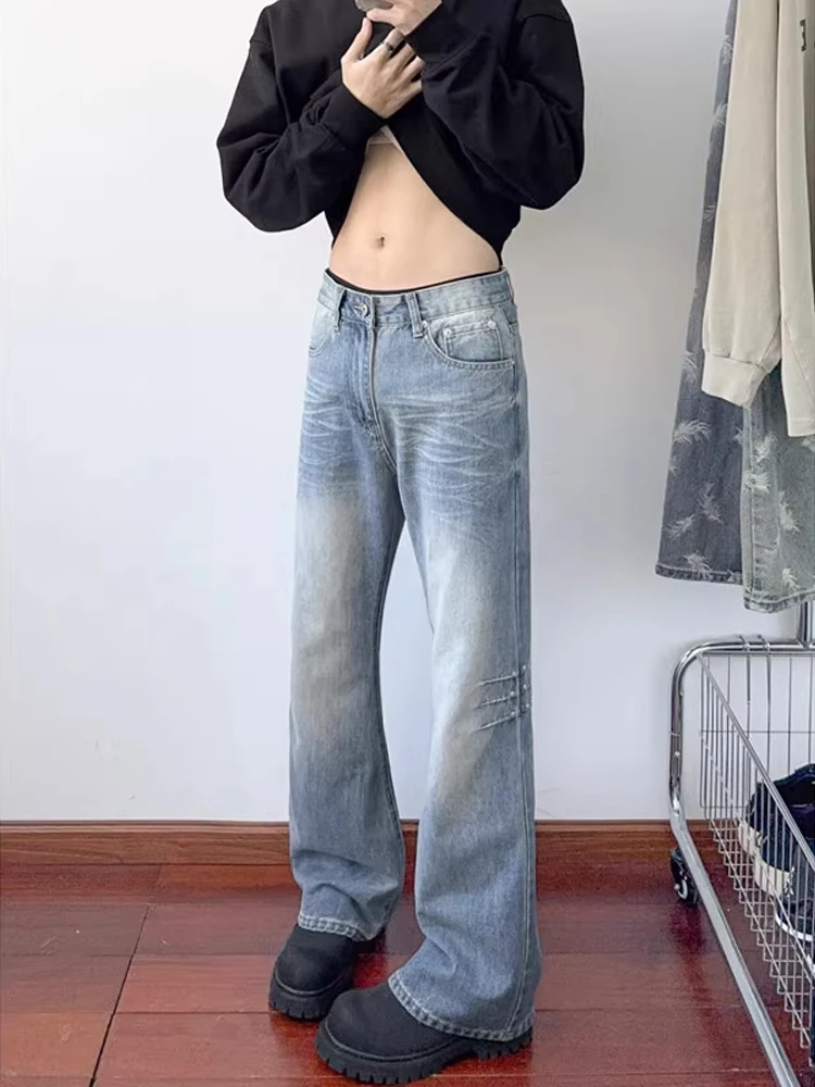 

American Retro Cleanfit Men's Loose Wide Leg Jeans Straight Cut Waed Blue Denim Pants Slimming Long Trousers