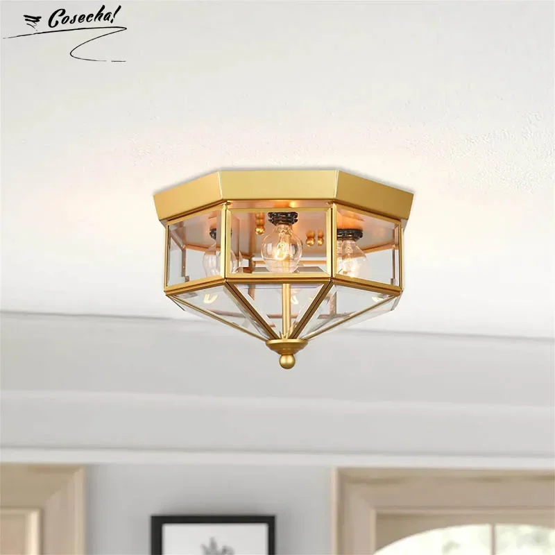 4 Light Industrial Flush Mount Ceiling Light Fixtures Beveled Glass Close to Ceiling Fixtures for Stairway, Hall, Closet