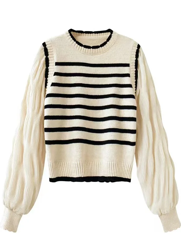 

Sweet Soft Bla White Stripes Splicing Fake Two-Piece Sweater Bubble Sve College Sle Age-Reducing Slimming Knitted irt