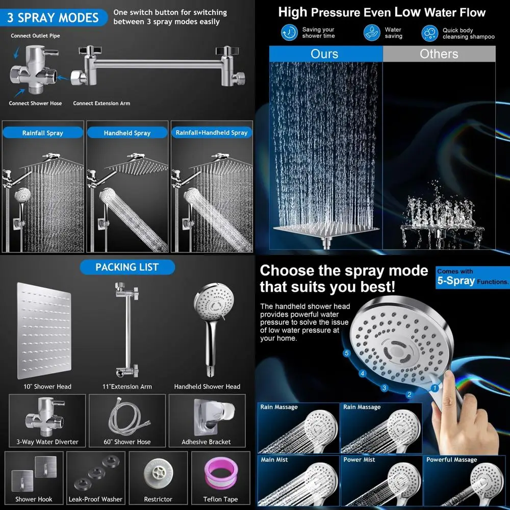 

10 10-Inch High-Pressure Rain Shower Head with Adjustable 11 Extension Arm and 5-Mode Handheld Spray