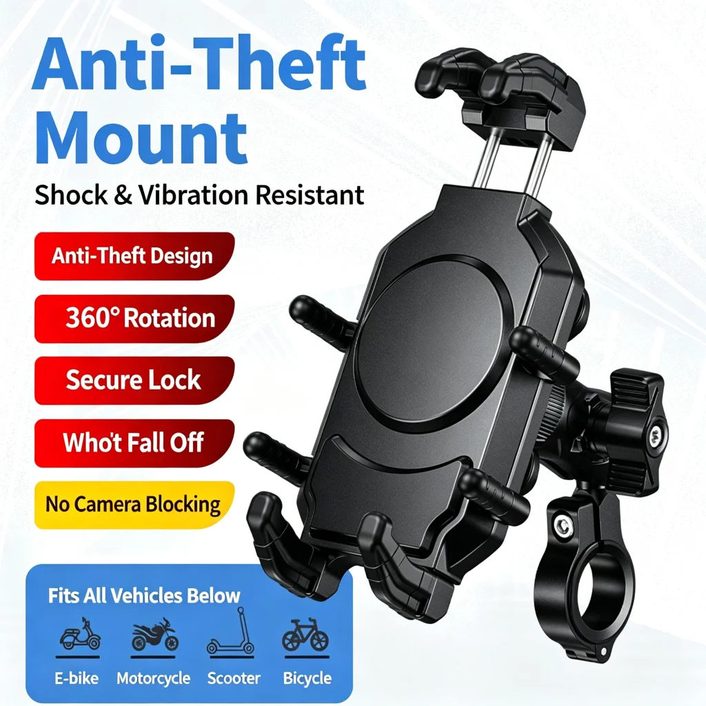 Motorcycle Phone Mount Holder Anti-Theft Shockproof 360° Rotation Handlebar for 4.7-7.2