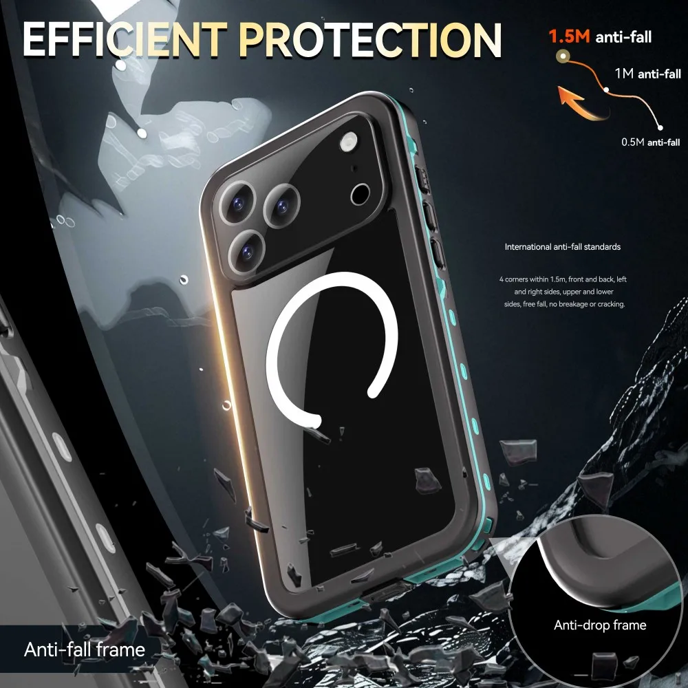 حافظة مقاومة للماء IP68 لهاتف أبل آيفون 17 16 16E 15 14 13 Pro Max مقاومة للصدمات والغوص والسباحة والرياضة الخارجية وشحن مغناطيسي