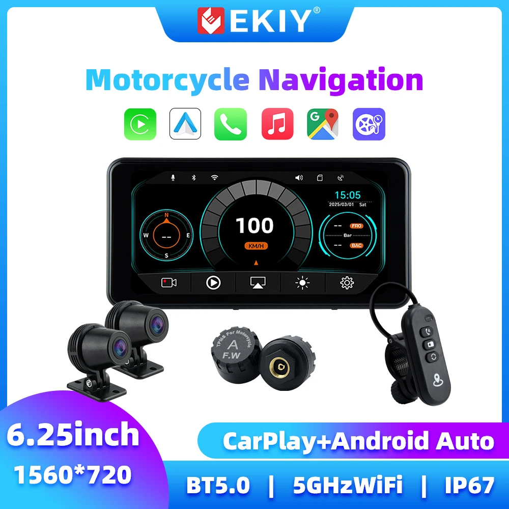 

EKIY 6.25-дюймовый мотоциклетный монитор Carplay с GPS, беспроводной Carplay, Android Auto, GPS-экран для мотоцикла