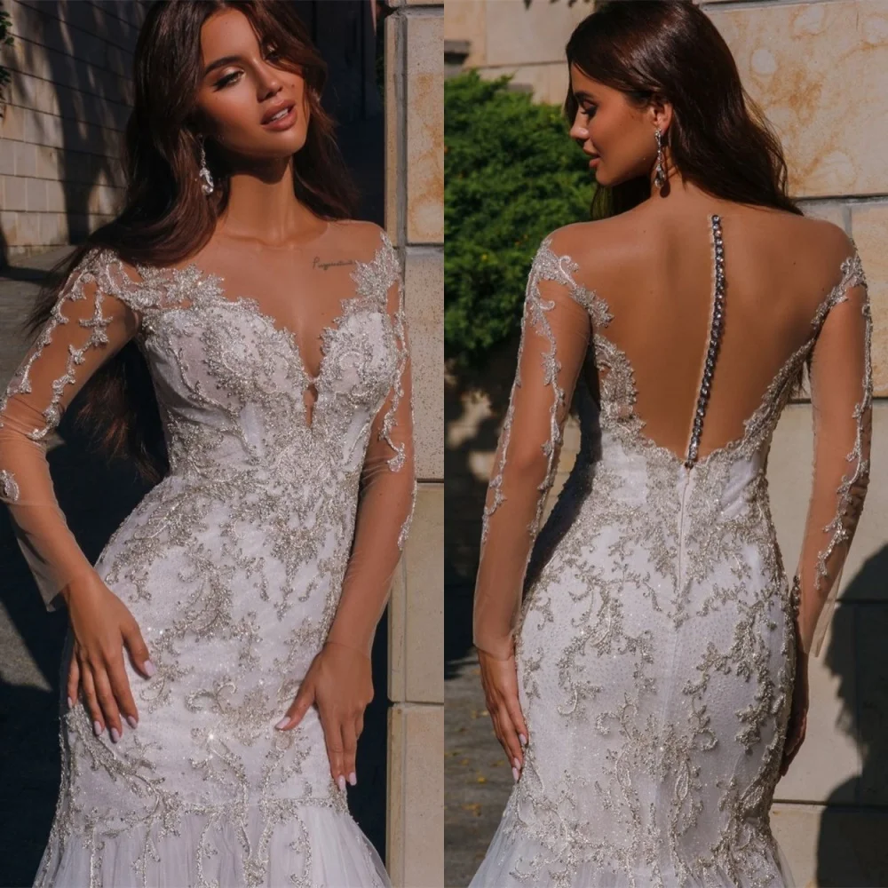 

Customized Pure White Organza Wedding Dress Exquisite V-neck Long Sleeves Bridal Party Vestido De Novia Simple Buttons Back