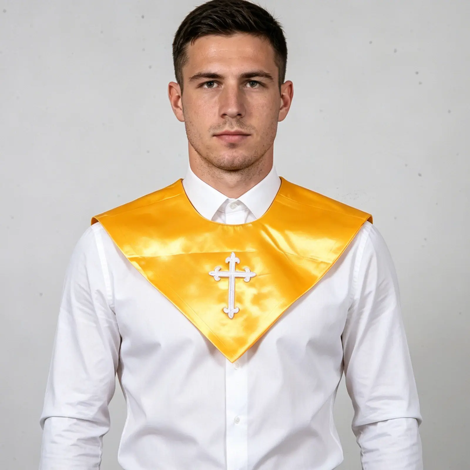 Reversible V-Shape Choir Stole Gold Embroidered Cross Satin Liturgical Shawl Church Service Worship Performance Choir Robe Stole