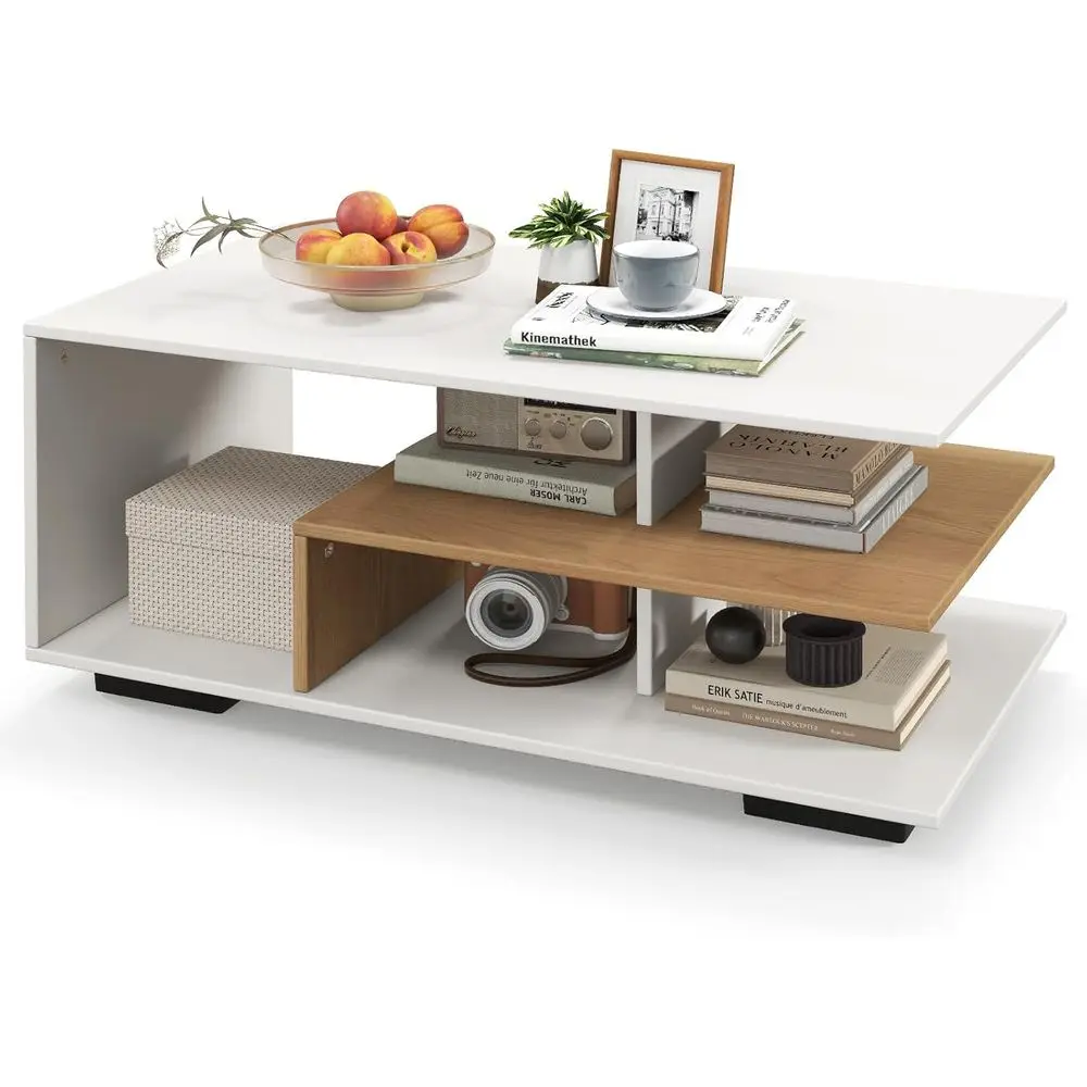 

36 3-Tier White Wooden Coffee Table with Storage Shelves, Accent Center Table for Living Room