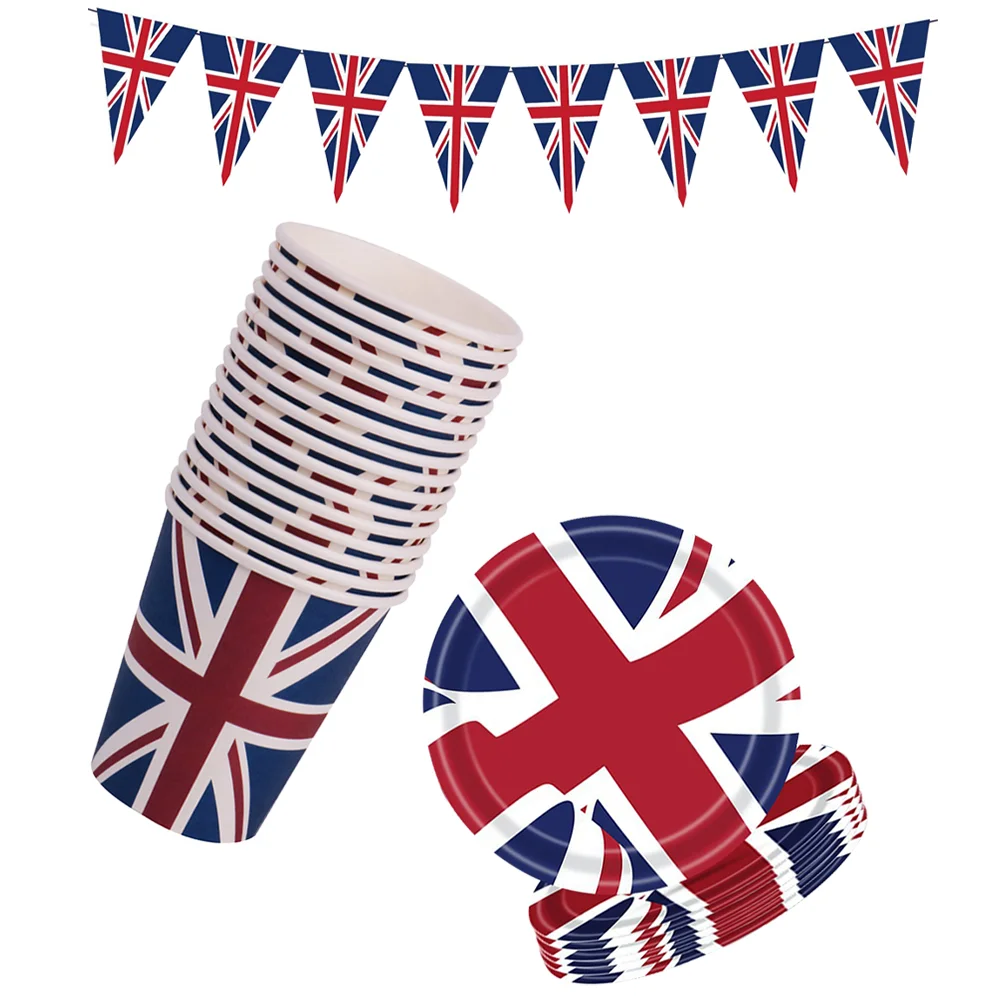 1 Set of Uk Flag Themed Paper Plates And Cups Party Banner Paper Cutlery patriotic paper plates tableware set