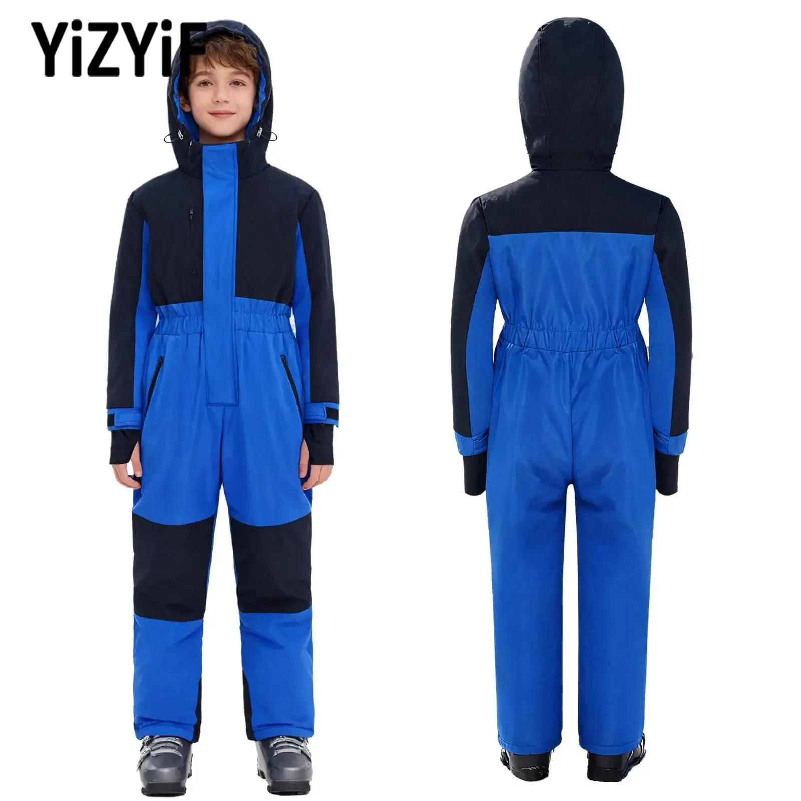 

Kids Girls Boys Ski Jumpsuit Water Resistant Snowsuit Long Sleeves Thumbholes Hooded Bodysuit for Skiing Snowboarding Activewear