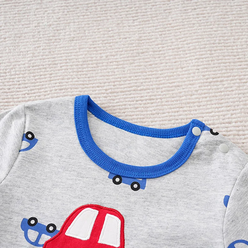 Newborn Boys And Girls Jumpsuit Baby Clothing Cute Cartoon Toy Car Baby Casual Full Print Gray Summer Short Sleeved Jumpsuit