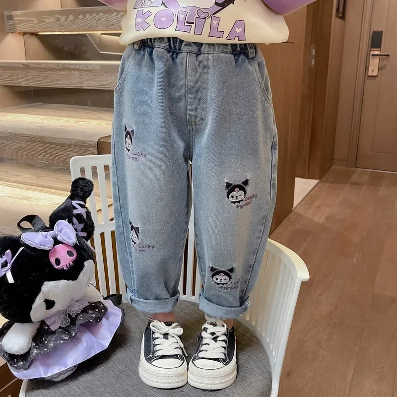 

Spring Autumn Kuromi Anime Kawaii Sanrio Ins Long Pants Jeans Cute Cartoon Campus Pants Clothing Lovely Gifts for Kids