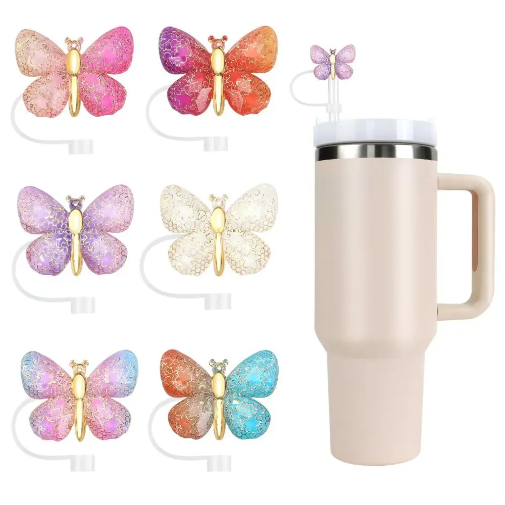4/6Pcs Resin Butterfly Straw Covers Glitter Protective Function Bling Straw Toppers Reusable Glitter Silicone Straw Toppers