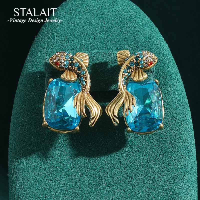 

Винтажные серьги с золотой рыбкой и кристаллами морского синего цвета, стразы золотого цвета, антикварные украшения для женщин, аксессуары, дизайнерские новые