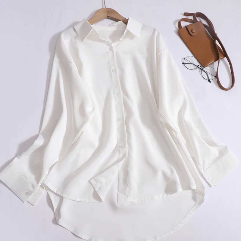 Shirts Women 2024 Spring Loose Long-sleeved Shirt Korean Version of Fashion Mid-length Lapel Shirt Solid Color