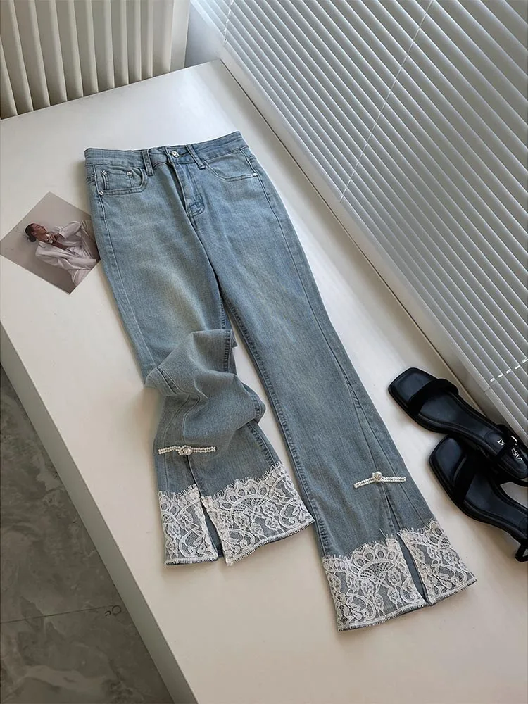 New Chinese Style Lace Vintage Split Splicing Straight Leg Jeans Women's Spring Fashion Slimming Blue Denim High Waist Wide L...