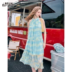 ELFSACK 2024 Summer New Arrivals French gradient hanging neck dress, women's sleeveless temperament, vacation style long dress