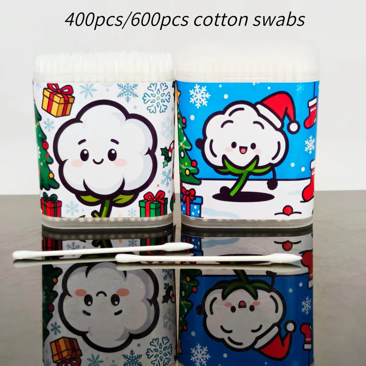 400 Stück/600 Stück Weihnachts-Design-Wattestäbchen, weißes Weihnachtsthema-Muster, feinachsiges Wattestäbchen