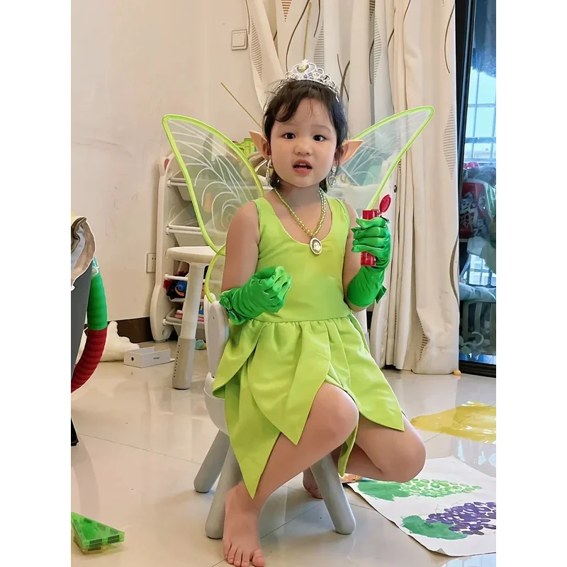 Tinker Bell fairy dress baby girl fantasy forest elf cosplay costume kids Green Leaf Tinkerbell gowns child Halloween outfits