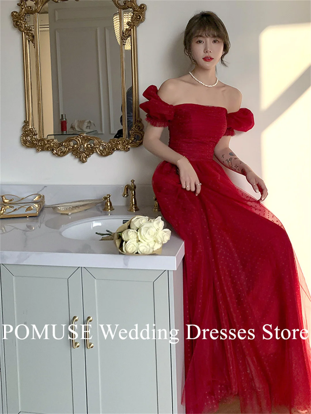 Square Neck Red Prom Dress Korea A-Line Customized Wedding Evening Dresses Formal Dress Elegant Party Dress Evening Gowns