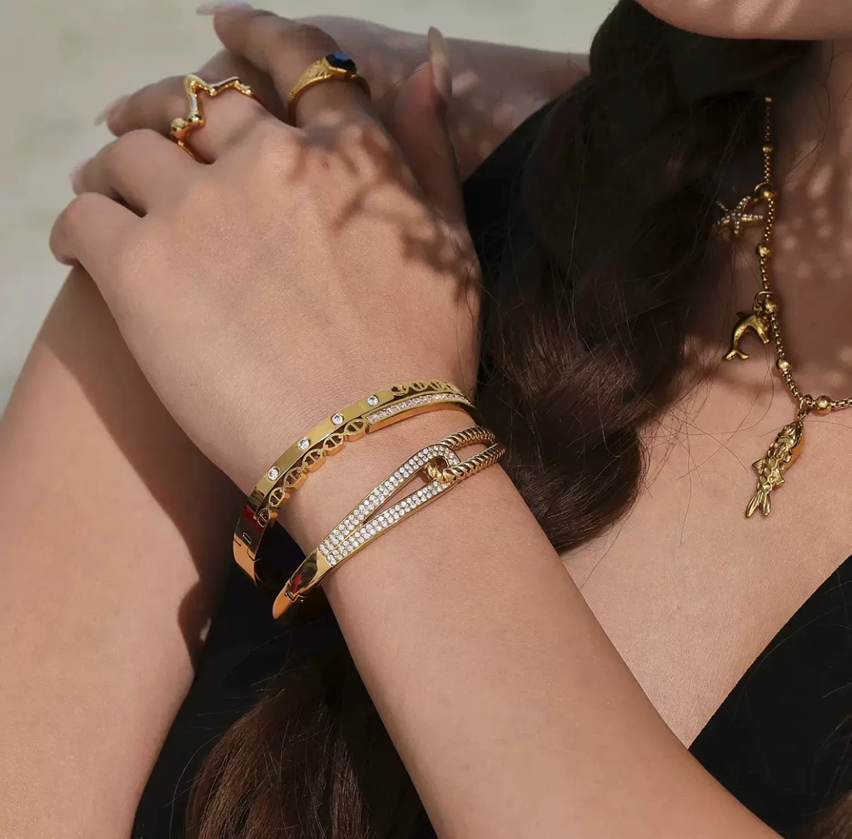 스테인레스 스틸 럭셔리 더블 레이어 리턴 스퀘어 지르코니아 버클 팔찌, 고급스러운 느낌, 맞춤형, 다재다능한 주얼리