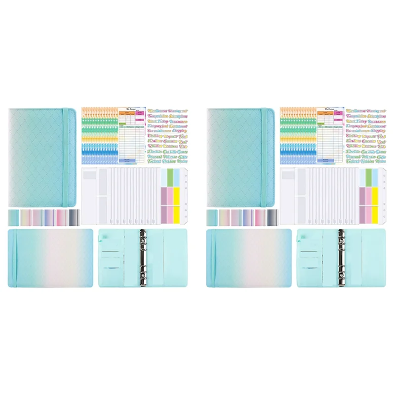 

J1UL1N 2X A6 Gradient Macaron Binder Hand Ledger Notebook Leather PU Loose-Leaf Book Cash Budget Book With Zip Bag, Green