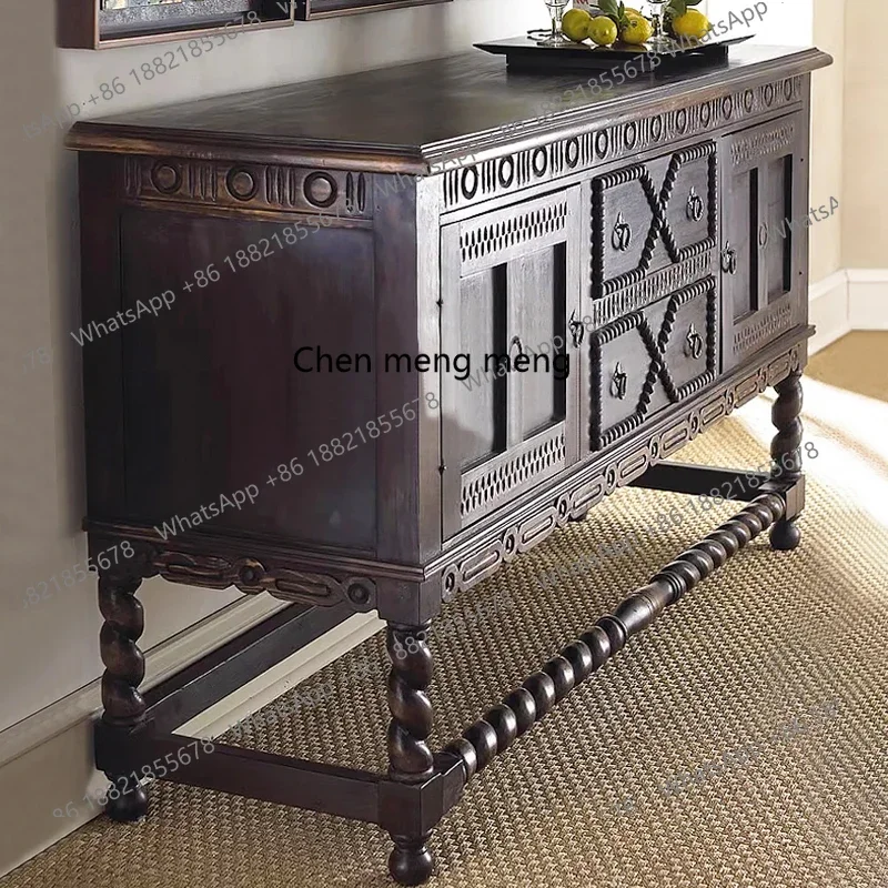 

E153 American country solid wood carving flower entrance cabinet French retro dining side storage chest decorative cabinet