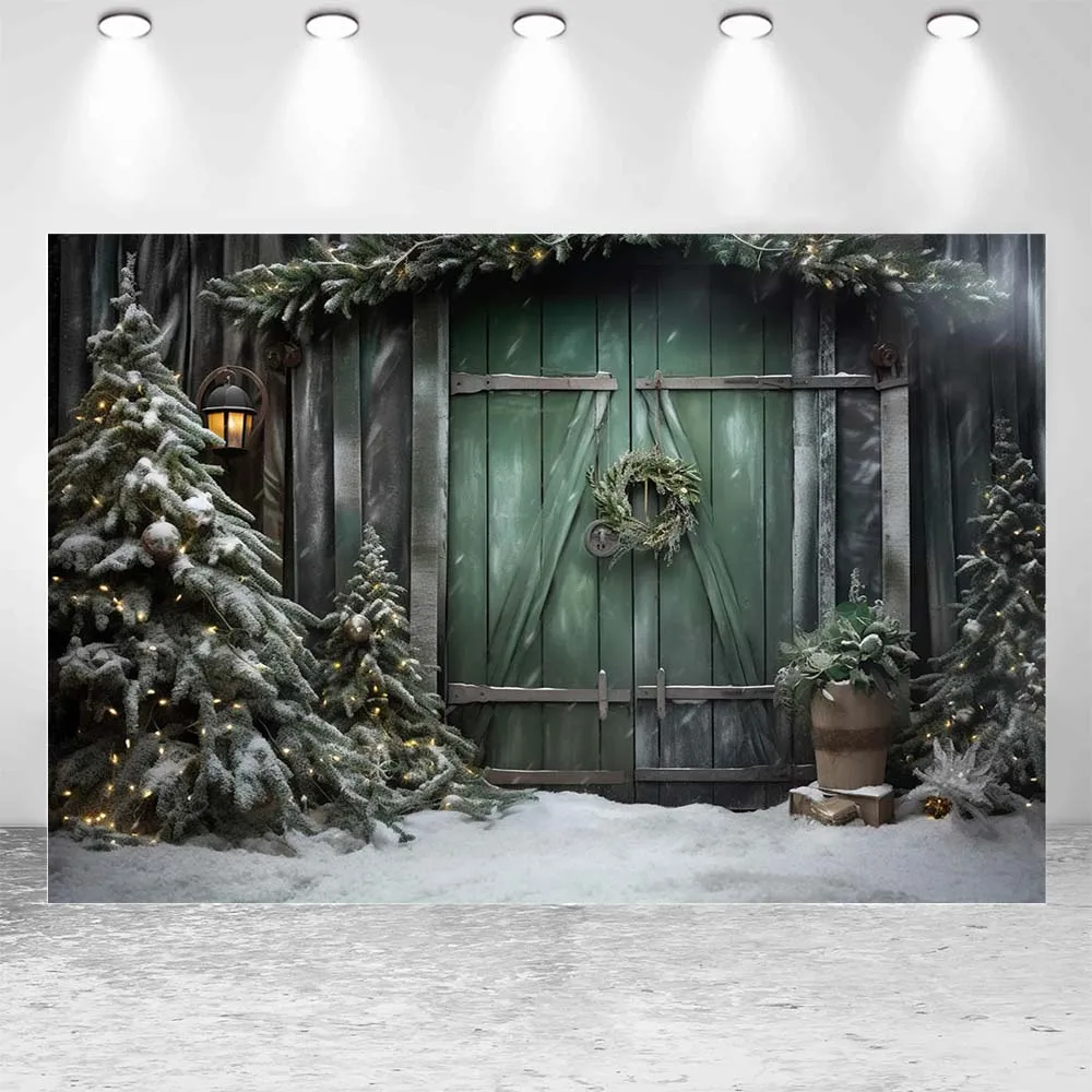 Mocsicka verde porta in legno inverno neve sfondo per la fotografia albero di pino ghirlanda di natale campo di neve bambini foto sfondo Studio