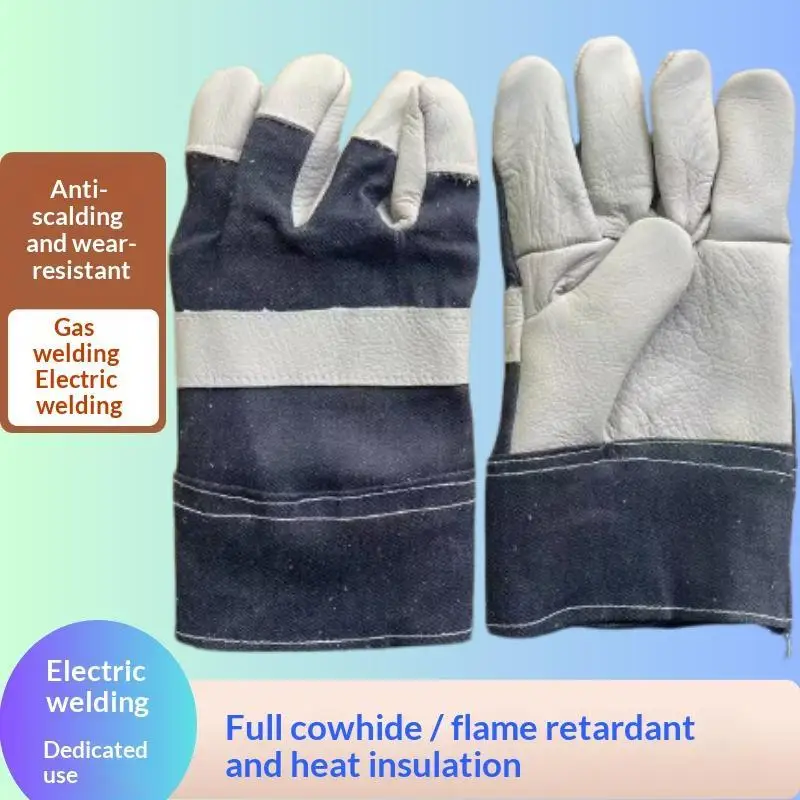 1 Pair Welding Gloves Cowhide Palm Flame Retardant Denim Back Heat Resistant For Welder Heavy Duty Work Safety Gloves Anti Spark
