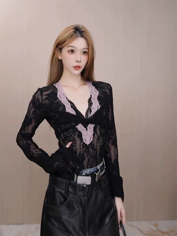 

Color Blo V-Ne Lace Onesie Women's Slim Fit Sweet Sexy Inner Wear Top French Sle Long Sve Micro Stretch Fabric