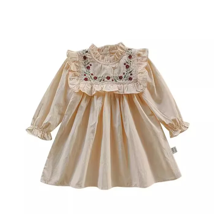 

Платье для девочек с французской вышивкой и цветами, воротником-стойкой, весенне-осенняя юбка принцессы с длинными рукавами и рюшами для девочек