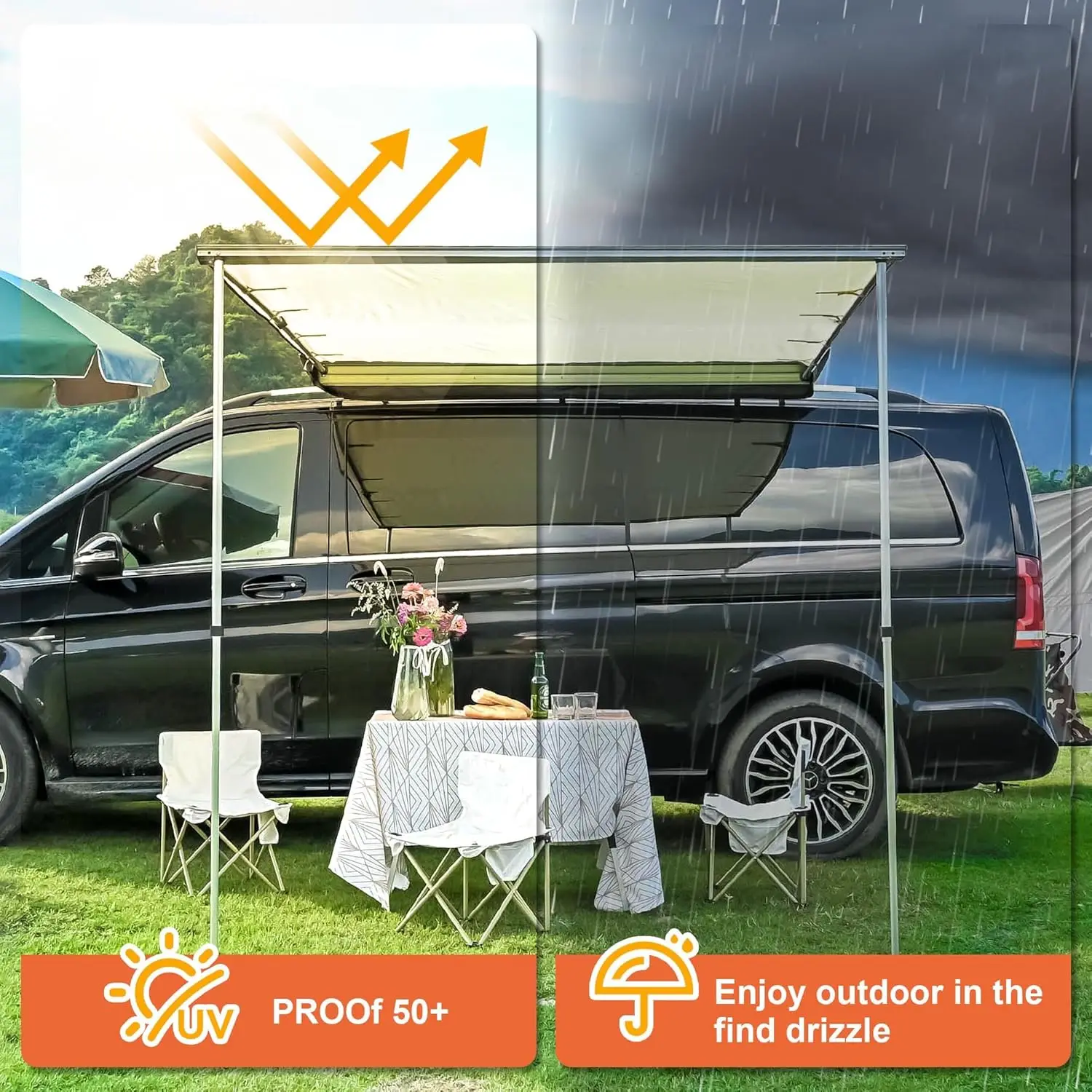 Yescom 4.6x6.6' toldo lateral do carro suv caminhão veículo toldo telhado pull out tenda abrigo pu2000mm uv50 + sombra suv acampamento ao ar livre