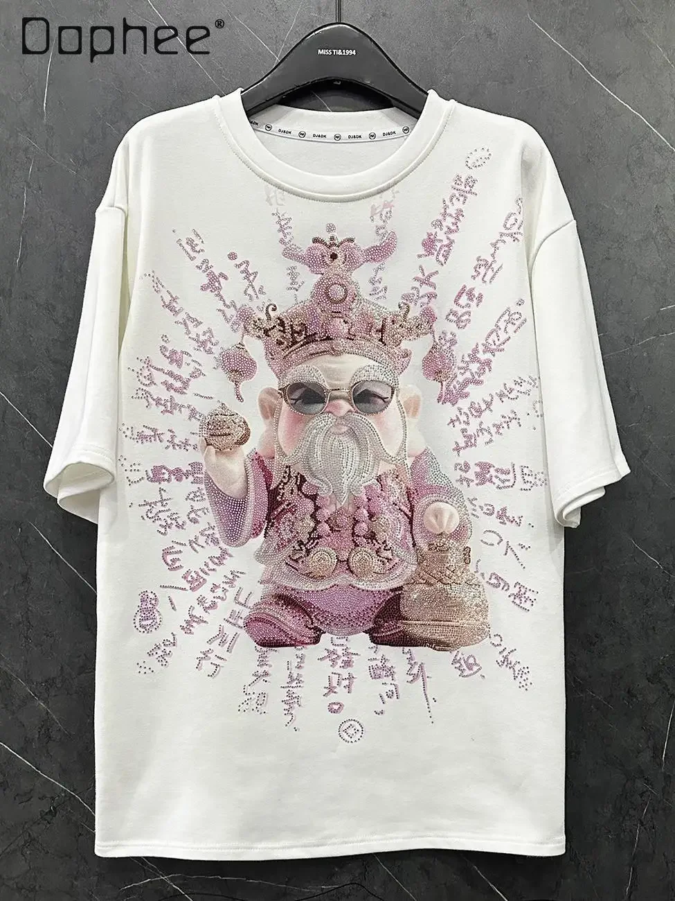 

New Year's Heavy Industry Design Hot Diamond God of Wealth Short Sleeve T-Shirt Women's Loose Fashion Bottom Shirt Top